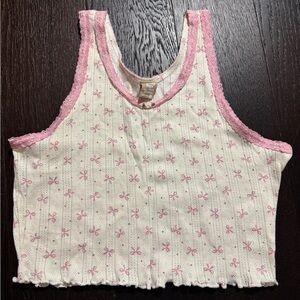cream and pink cropped pointelle tank top